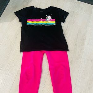 Pink fuzzy leggings and unicorn shirt
